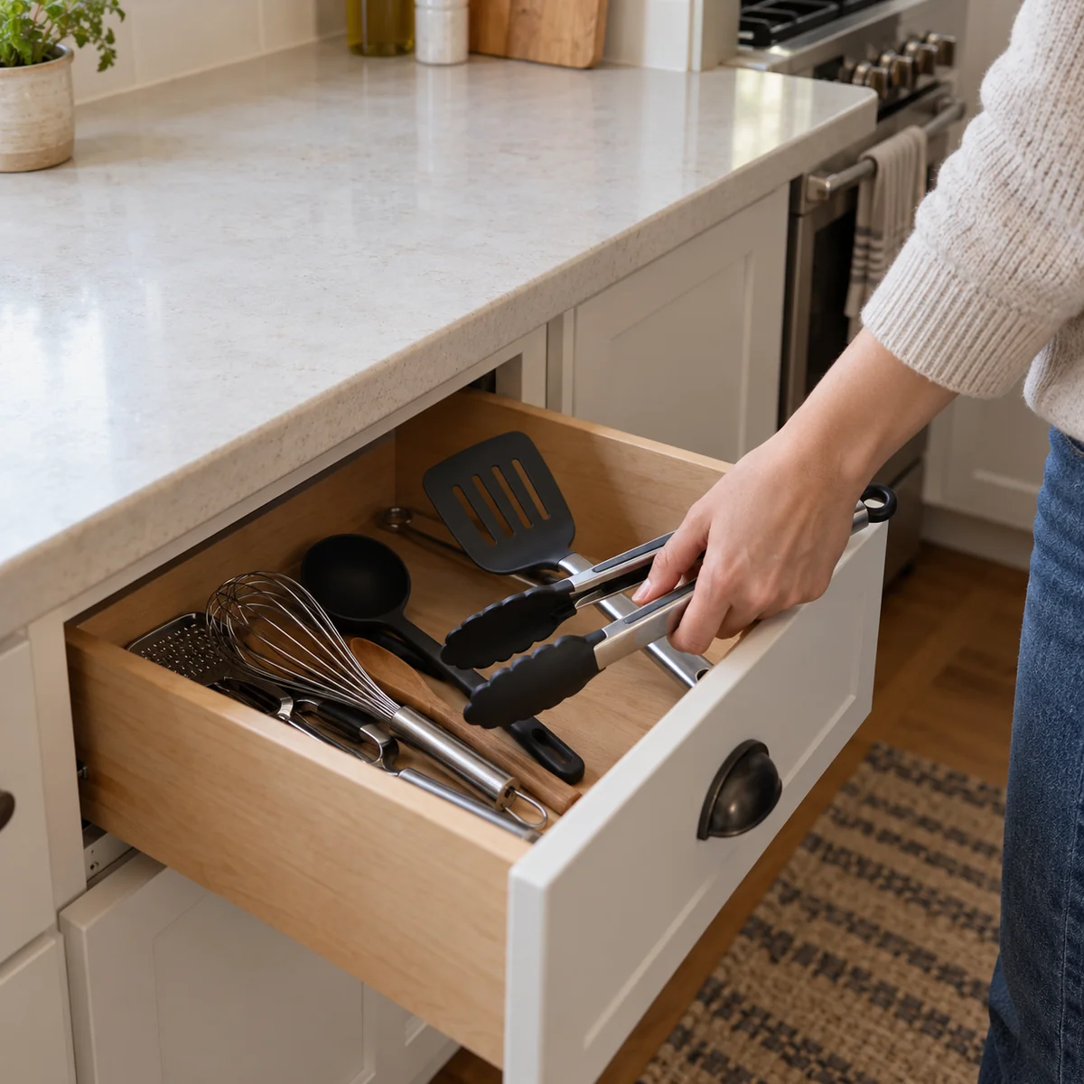 Everyday utensils being returned to an existing kitchen drawer