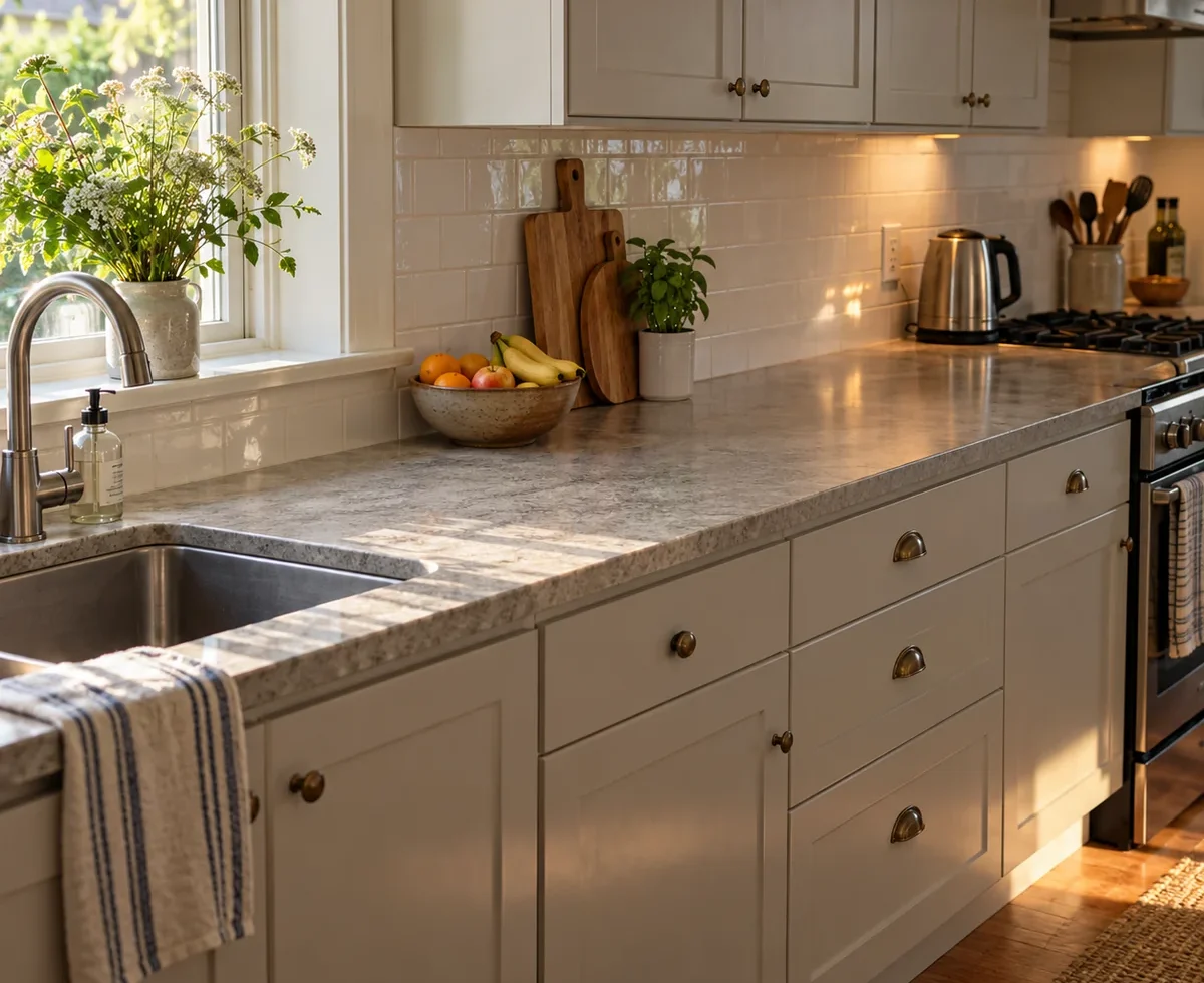 Small kitchen with a mostly clear counter and everyday kettle