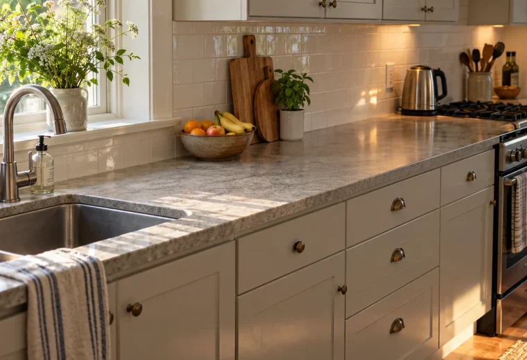 Small kitchen with a mostly clear counter and everyday kettle