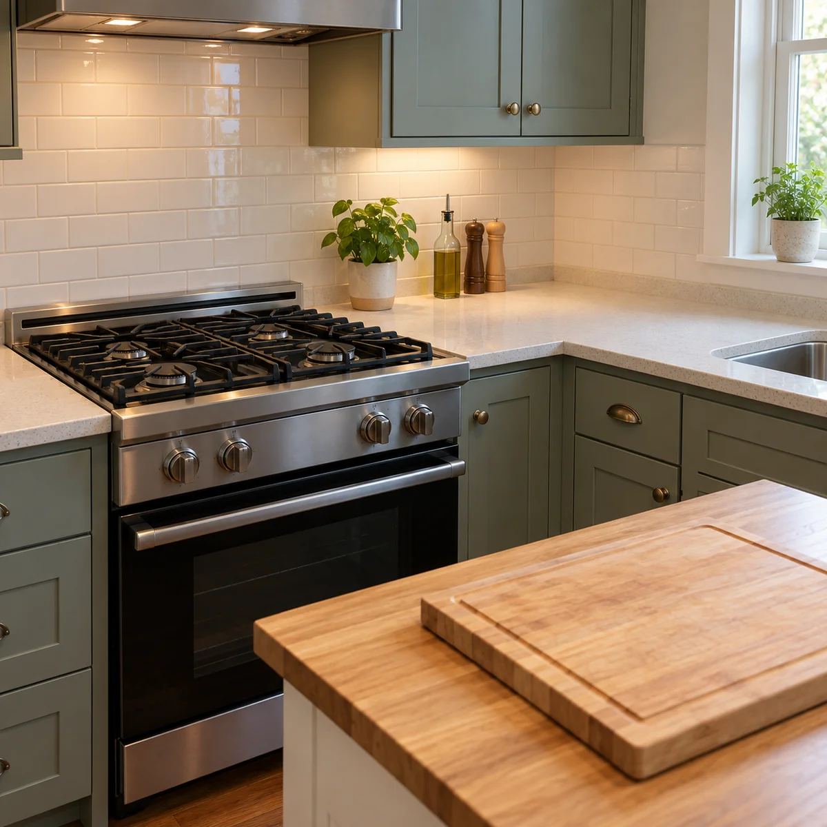 Clear stovetop and clean food preparation counter in a small kitchen
