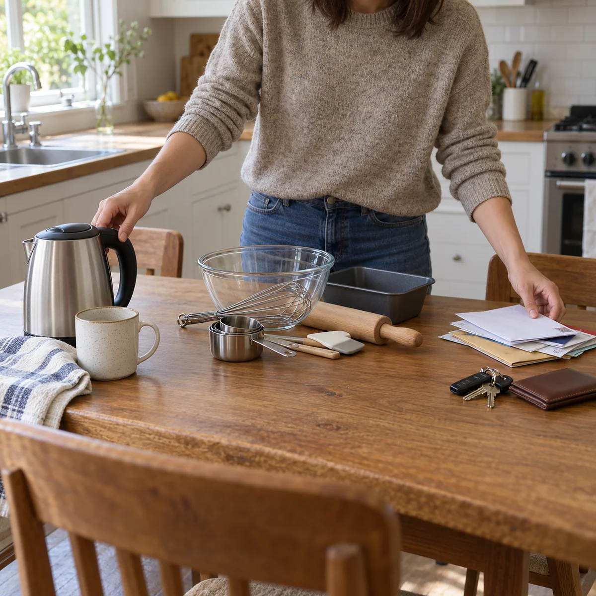 Kitchen items and stray mail sorted on a table beside a clear counter