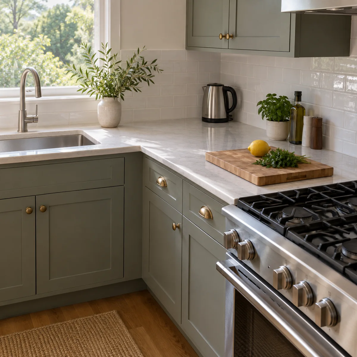 Compact kitchen counter with clear preparation, sink-side landing, and kettle areas