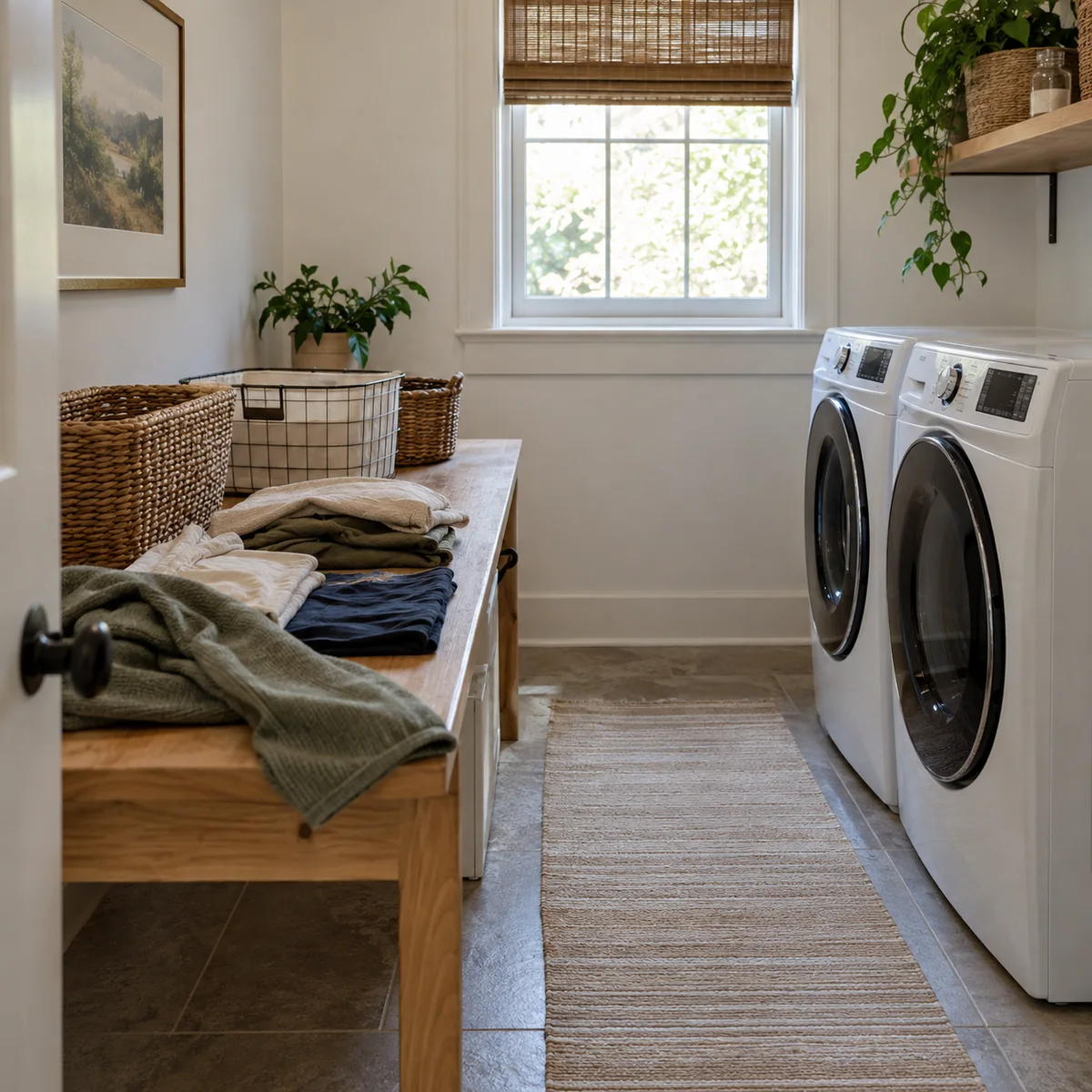 Small laundry room being reset with clothing on an existing table and a clear path to appliances