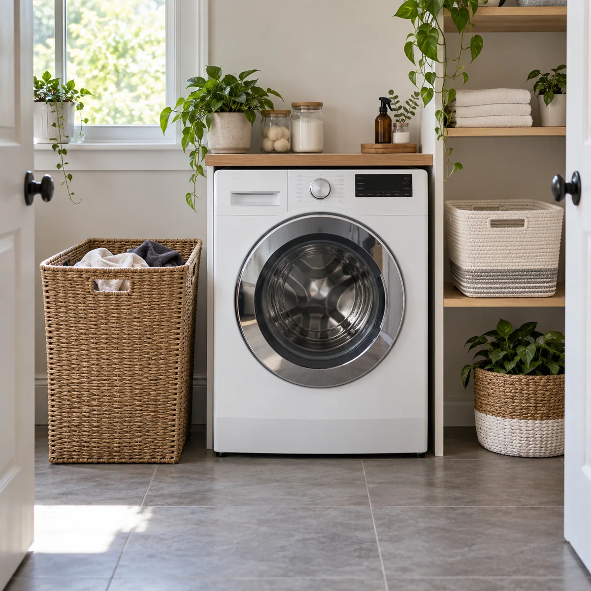 Laundry hamper beside a washing machine with a separate clean basket on a shelf