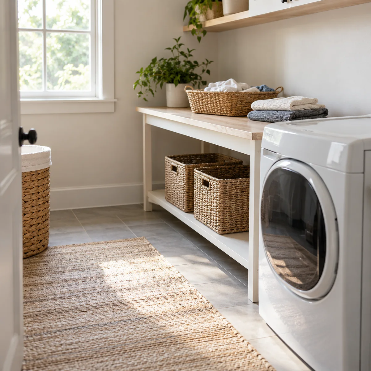 Clean clothes being folded on an existing surface beside a small laundry area