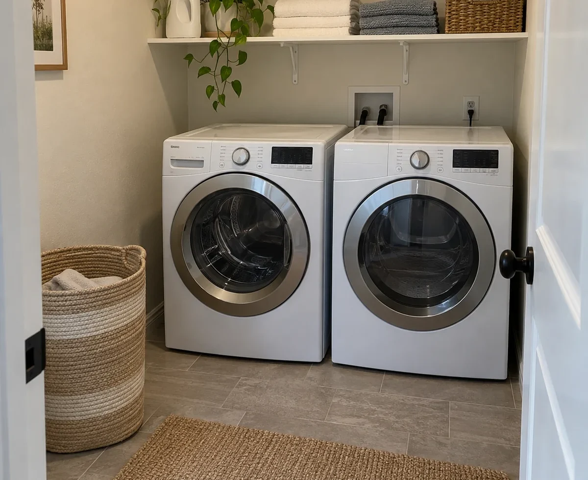 Small laundry room with side-by-side appliances, a clear floor and an existing shelf