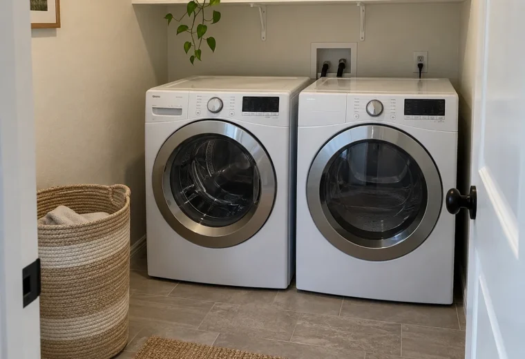 Small laundry room with side-by-side appliances, a clear floor and an existing shelf
