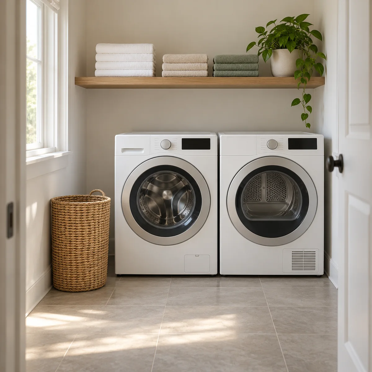 Small laundry alcove after a reset with clear floor, empty basket, and folded towels