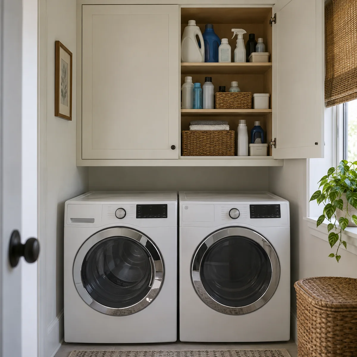 Original laundry product containers in an existing wall cabinet above clear appliances