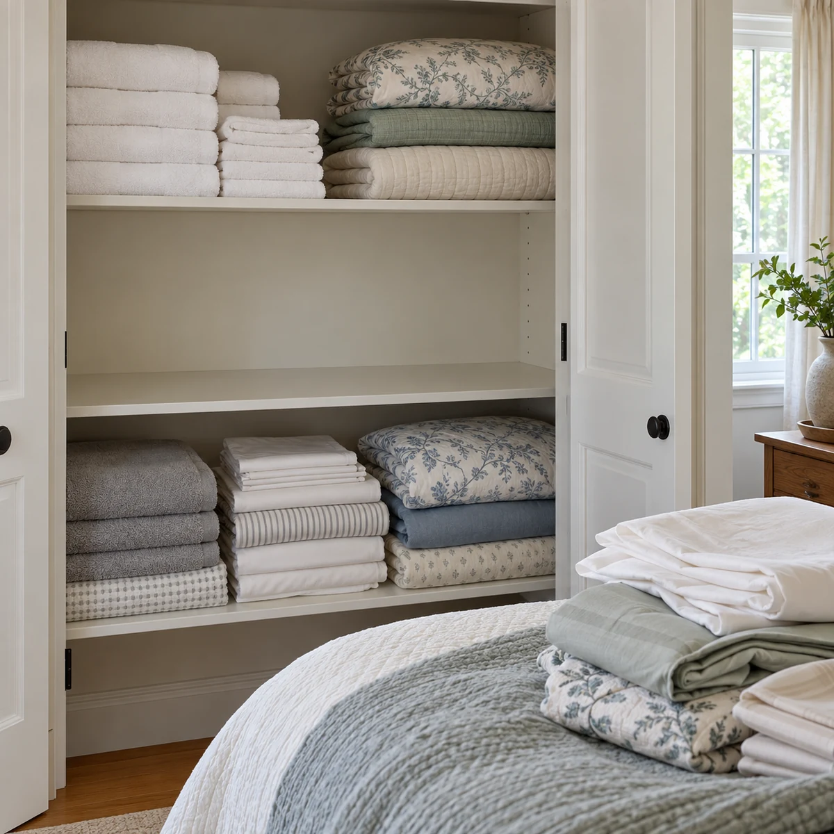 One linen closet shelf cleared for sorting while other shelves remain in place