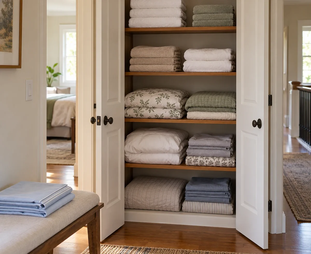 Organized linen closet with short stacks of towels and folded bedding