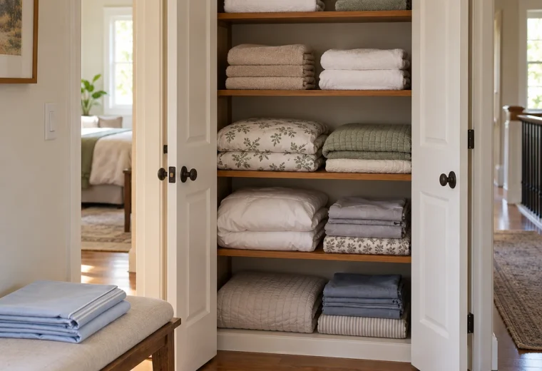 Organized linen closet with short stacks of towels and folded bedding