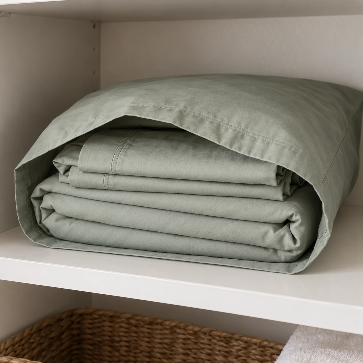 A folded sheet set grouped inside its matching pillowcase on a clean shelf