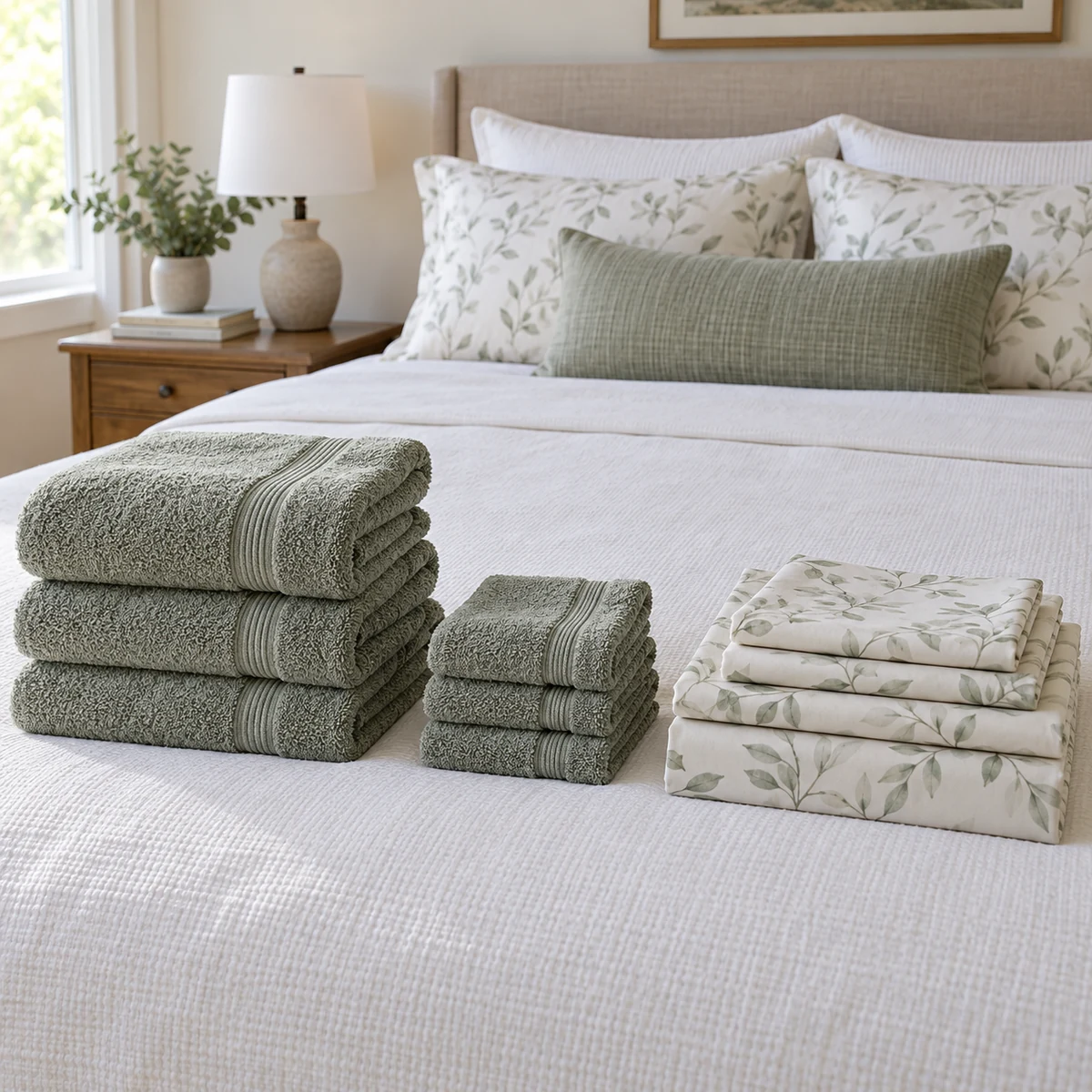 Towels, hand towels, and matching sheet sets sorted into separate groups on a clean bed