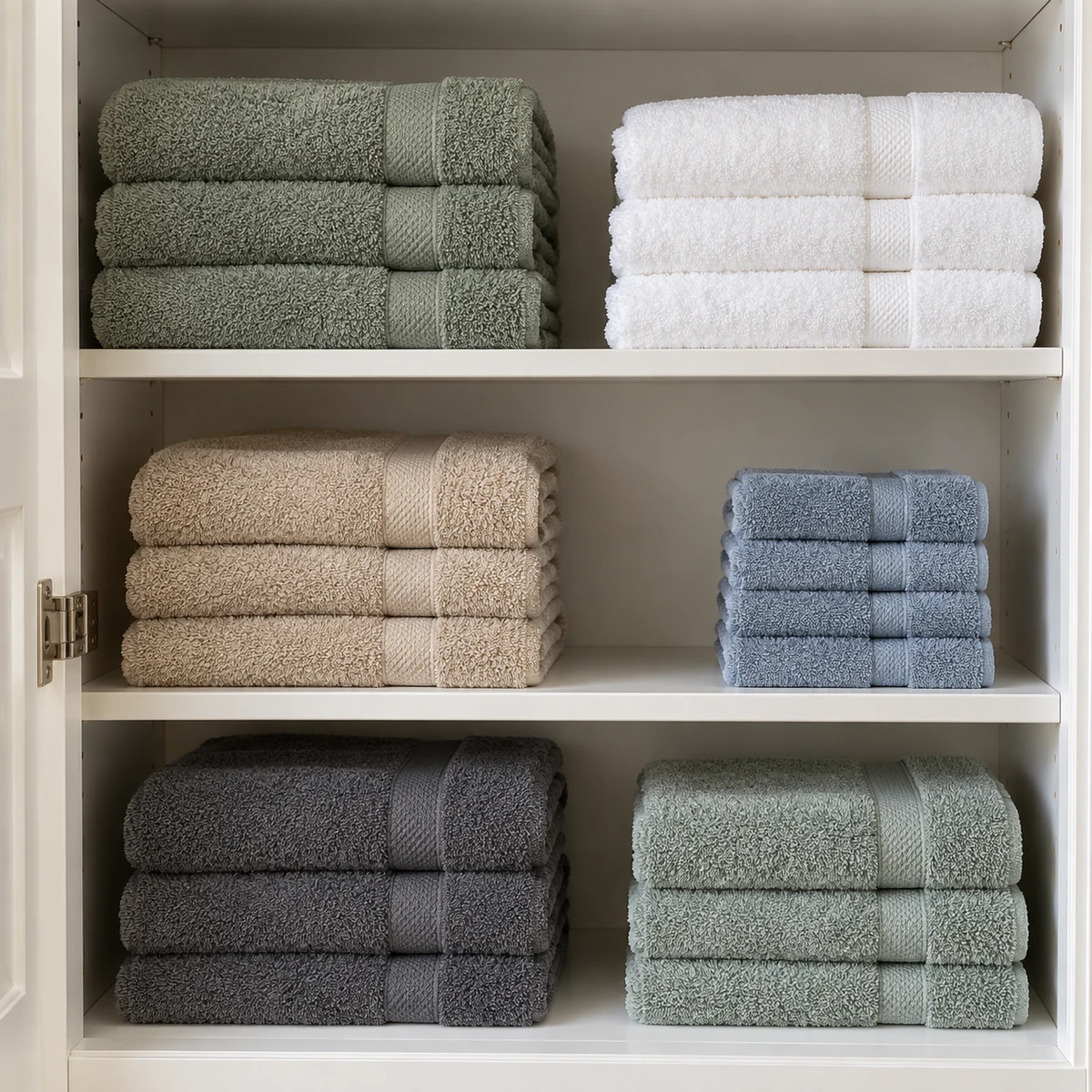 Short stable stacks of folded bath towels and hand towels on a linen closet shelf