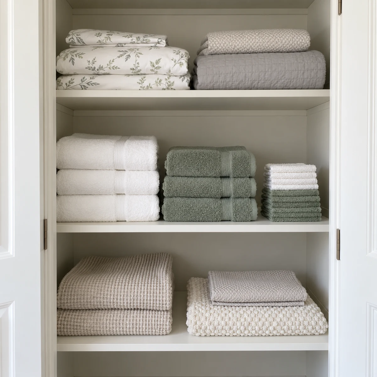 Everyday towels on an easy-to-reach shelf and guest linens on a higher shelf in a linen closet