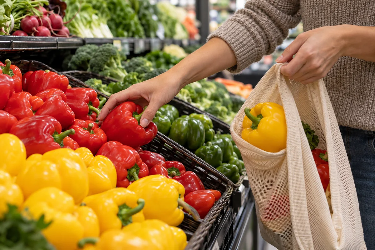 Shopper selecting loose bell peppers into a reusable cloth produce bag