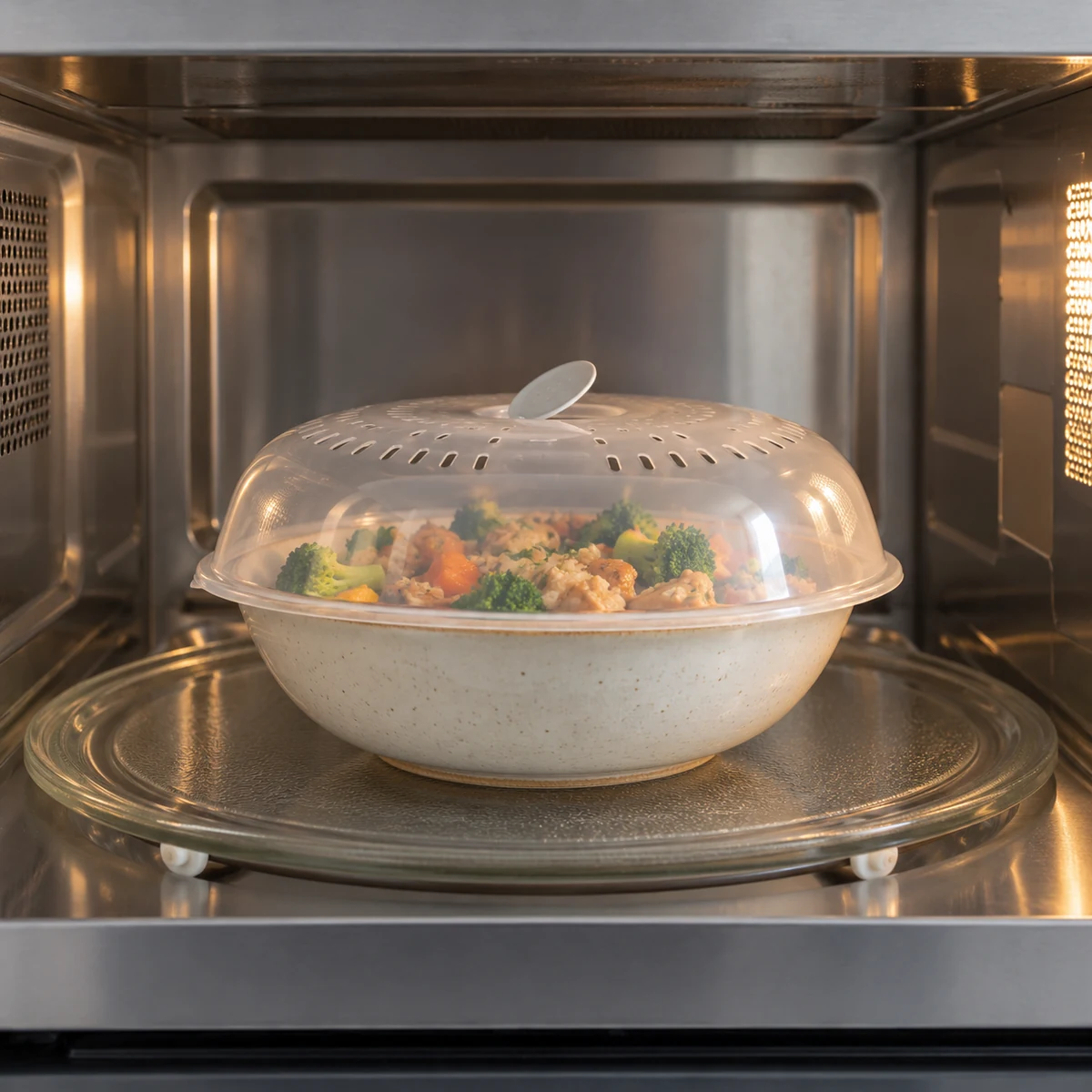 Microwave-safe vented cover resting over a bowl of food on a microwave turntable
