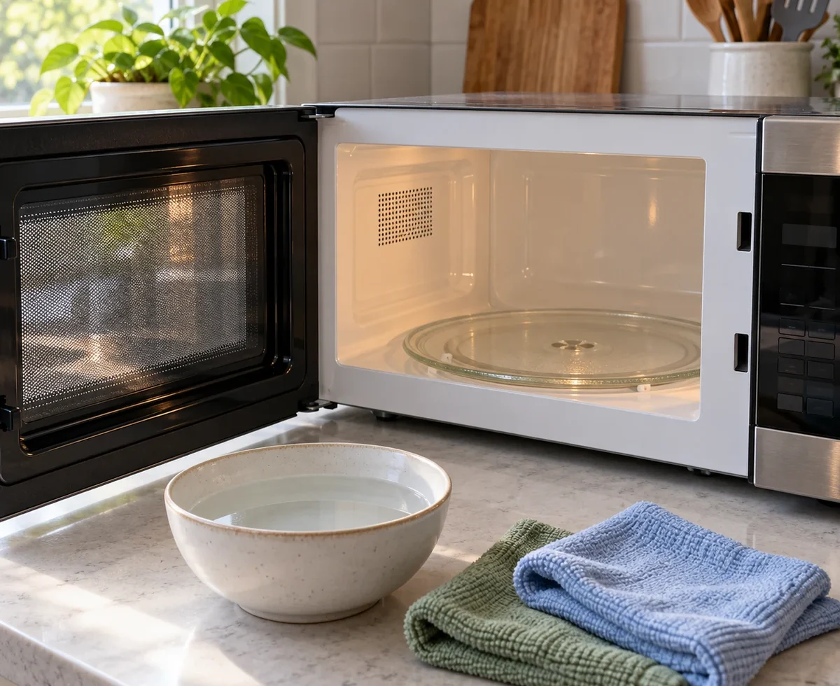 Open microwave with a bowl of water and soft reusable cleaning cloths
