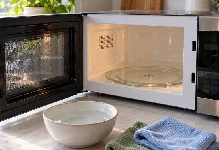 Open microwave with a bowl of water and soft reusable cleaning cloths