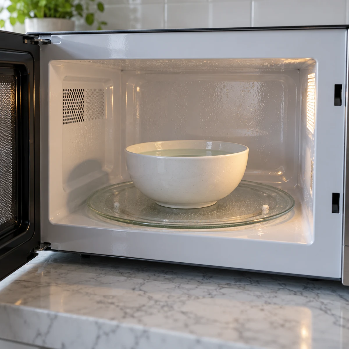 Microwave-safe ceramic bowl of water resting on the glass turntable inside a microwave