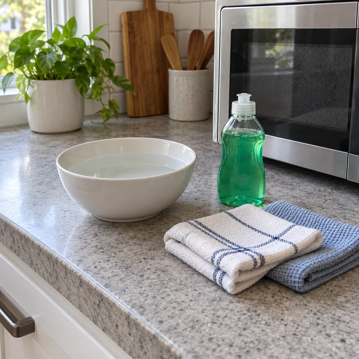 Microwave-safe bowl, water, soft reusable cloths, and mild dish soap set beside a microwave