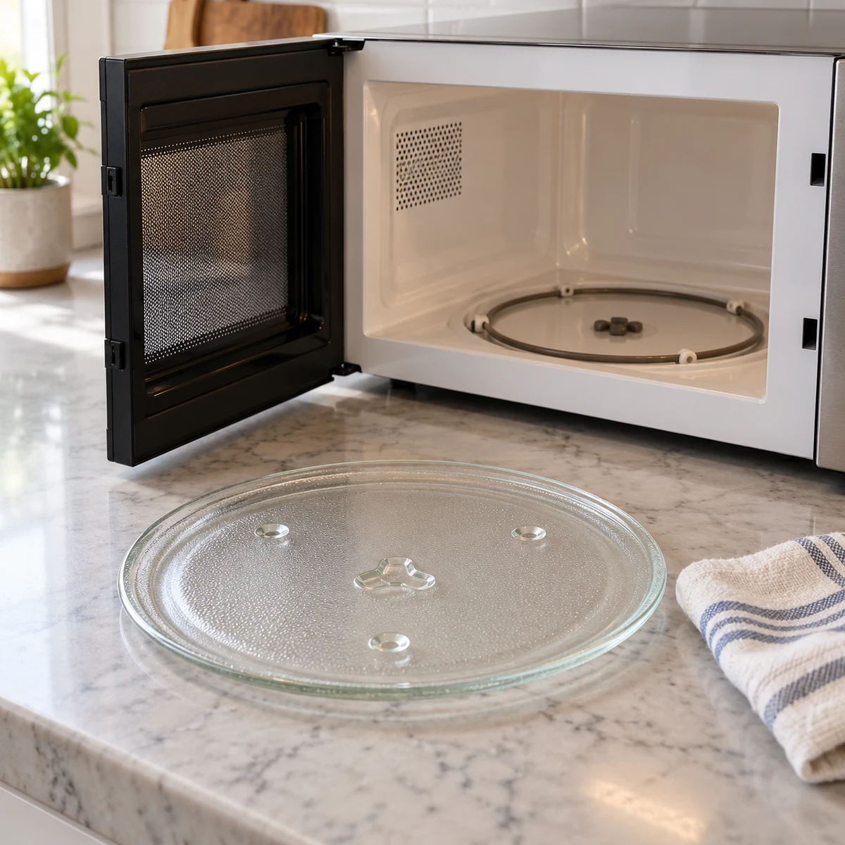 Cool microwave glass turntable removed for hand washing beside the appliance