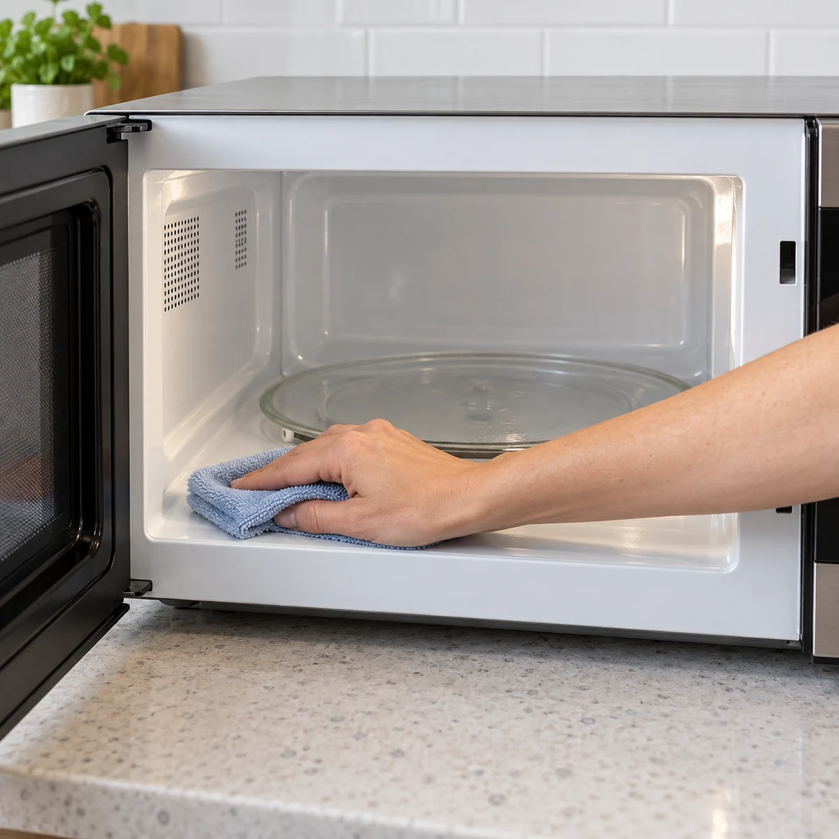 Soft reusable cloth wiping the interior wall of an unplugged, cool microwave
