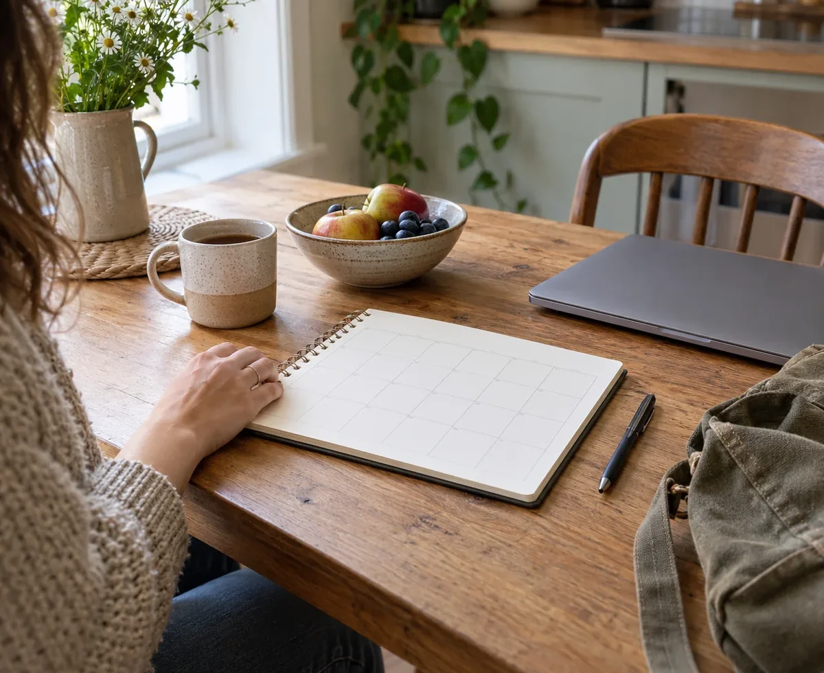Month planner and pen on a modest kitchen table for a realistic no-buy challenge