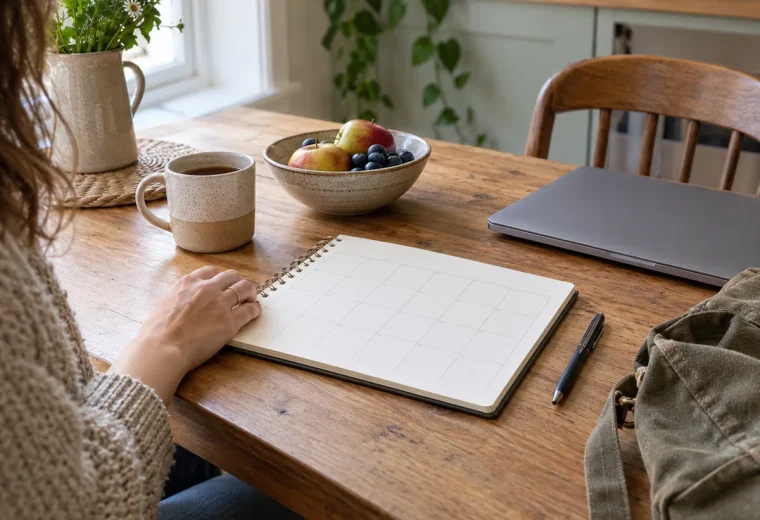 Month planner and pen on a modest kitchen table for a realistic no-buy challenge