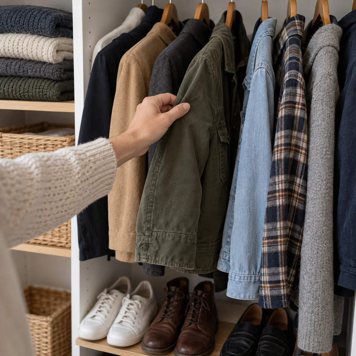 Existing jackets and shoes being checked in a home closet before shopping
