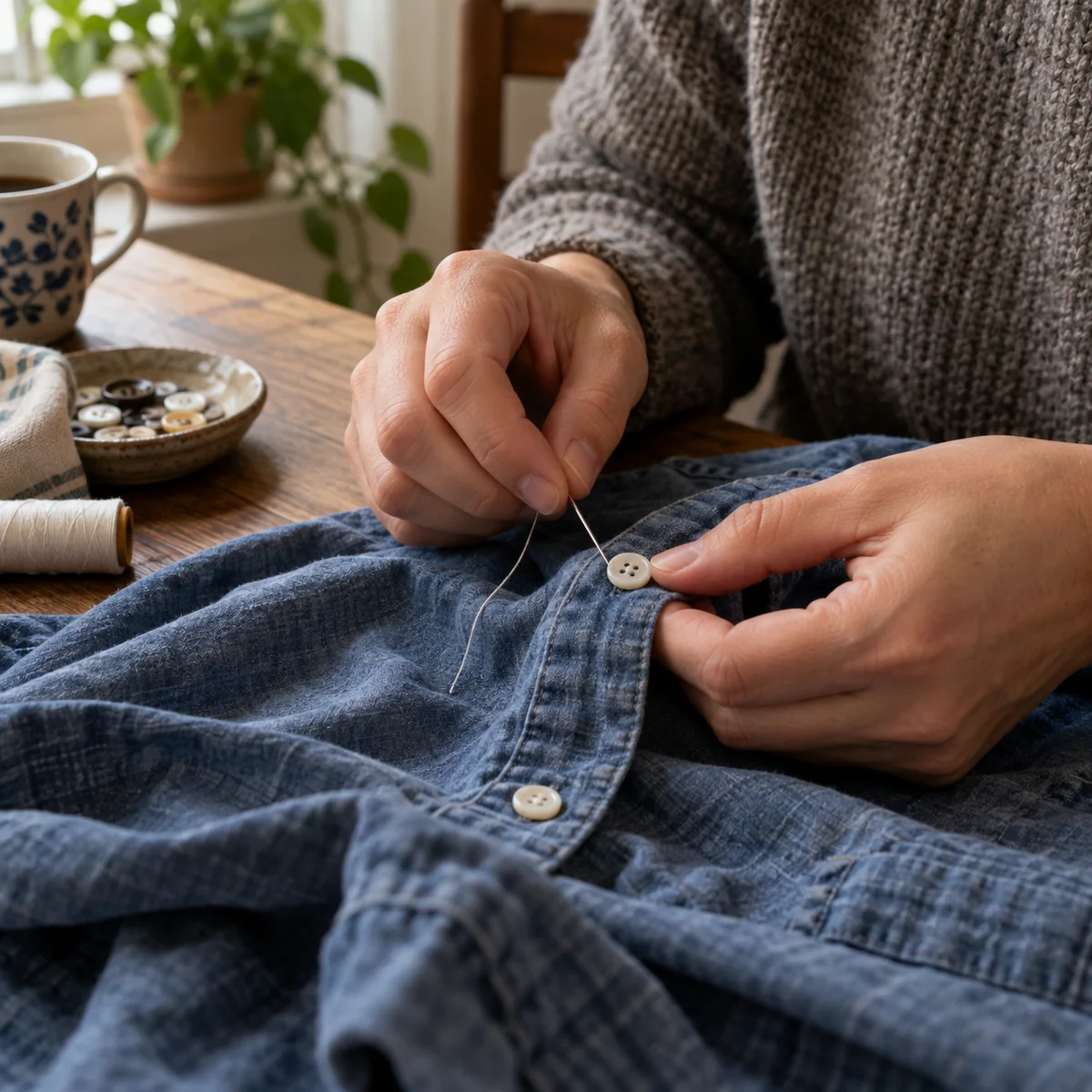 A loose button being sewn onto an existing shirt at home
