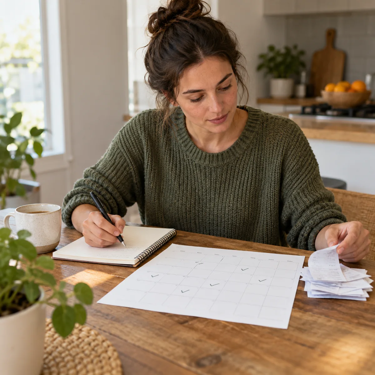 A person calmly reviewing a month planner, notes, and receipts at a kitchen table