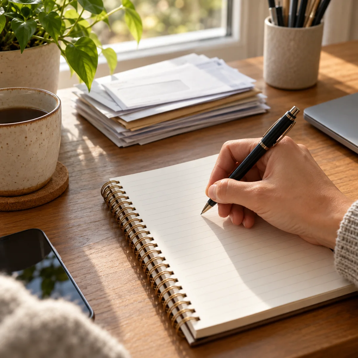 A person writing a short set of personal spending rules in a notebook at home