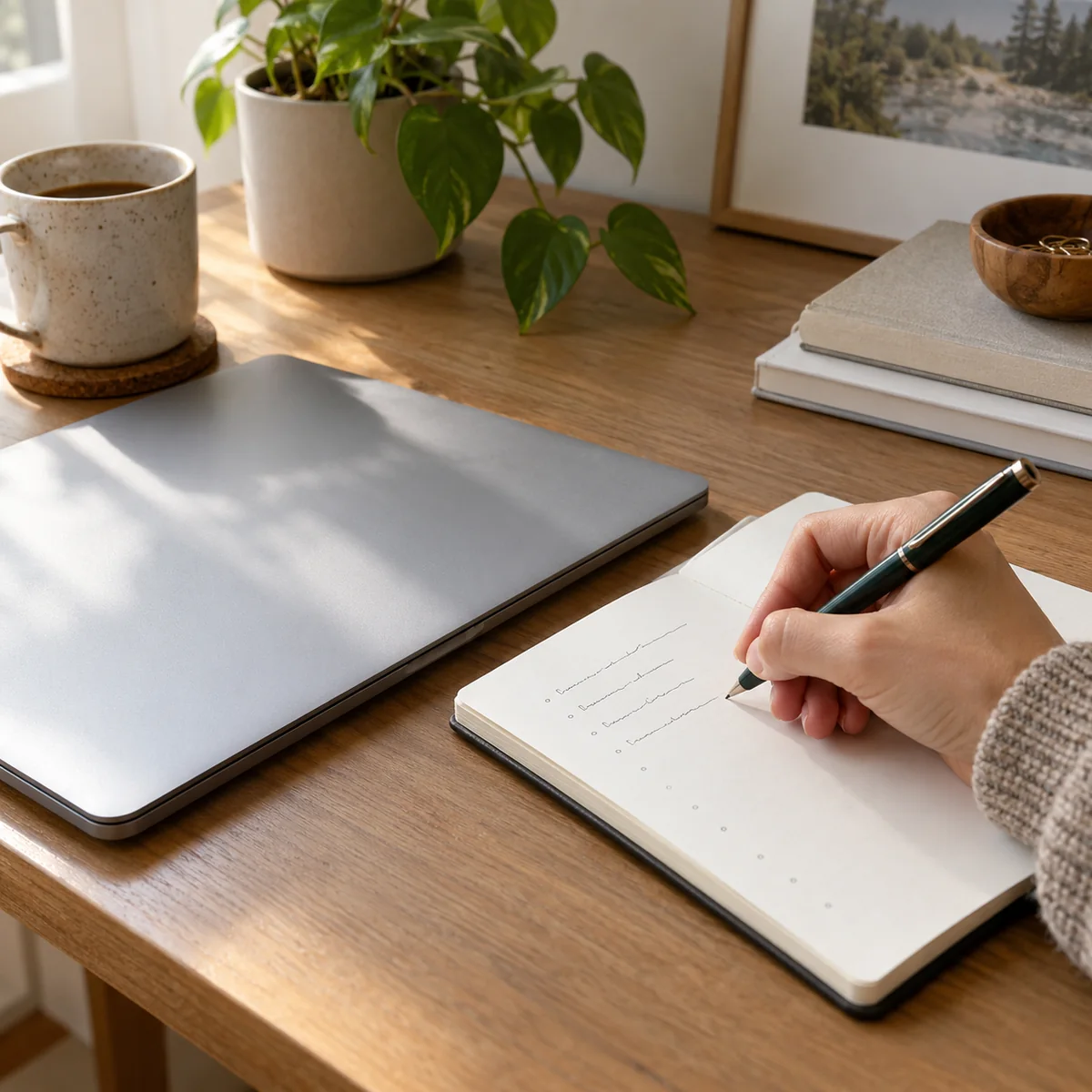 A waiting list being written beside a closed laptop at a home desk