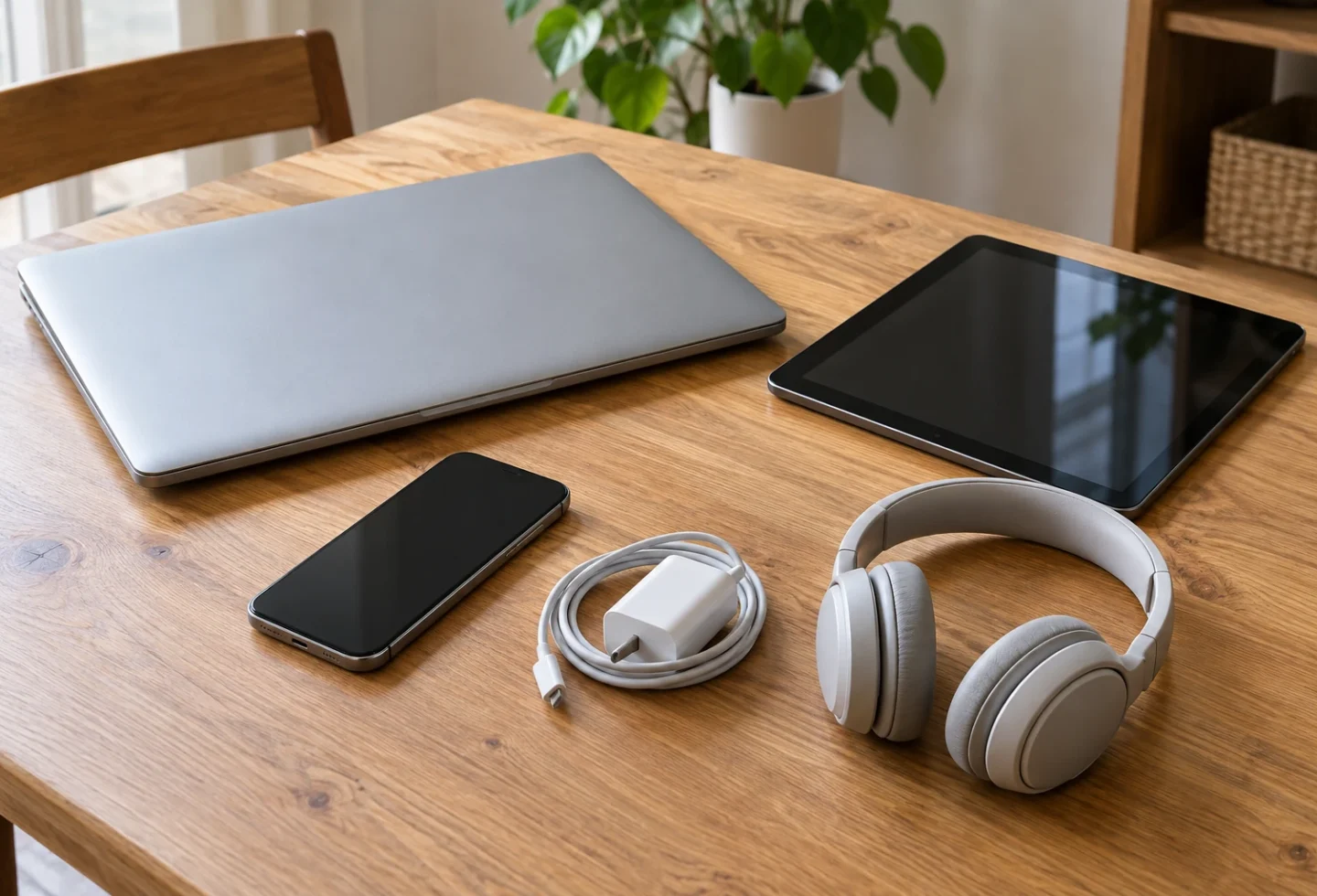 Old laptop, phone, tablet, charger and headphones resting on a solid table