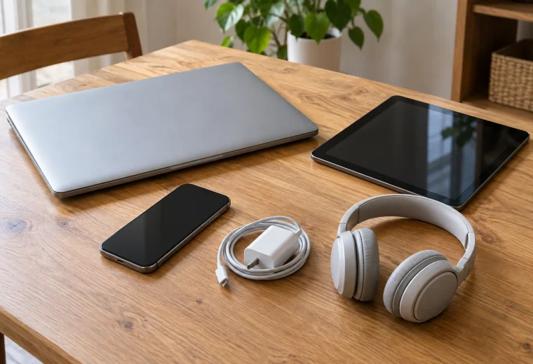 Old laptop, phone, tablet, charger and headphones resting on a solid table