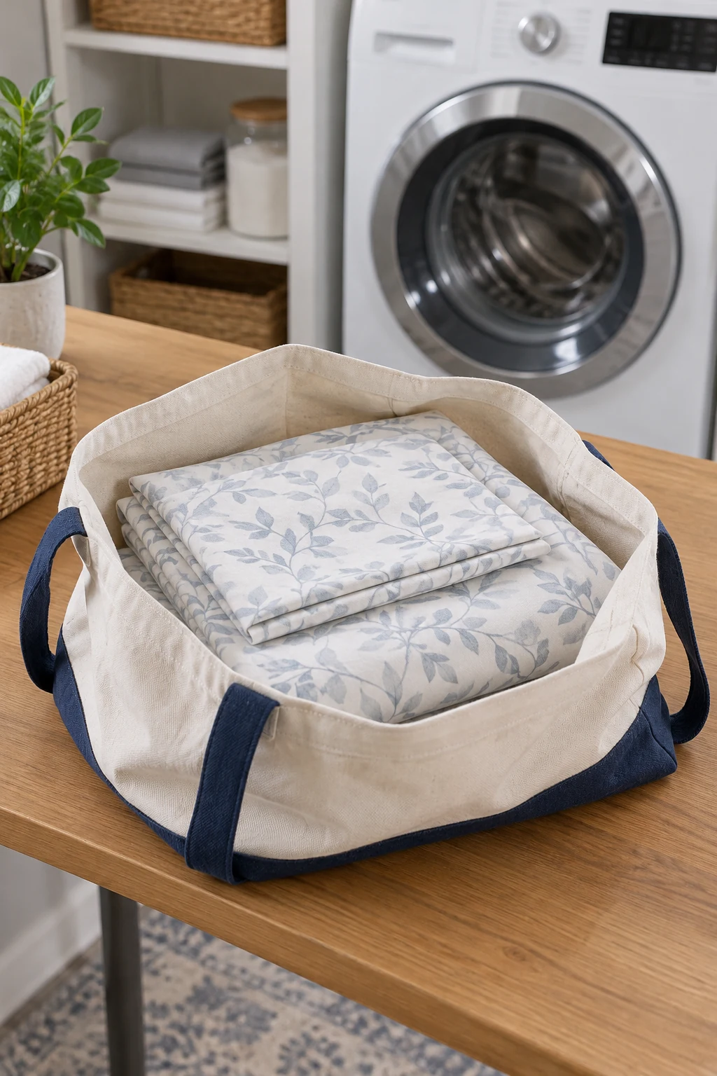 Clean matching bed sheet and pillowcase folded in a reusable tote on a laundry table
