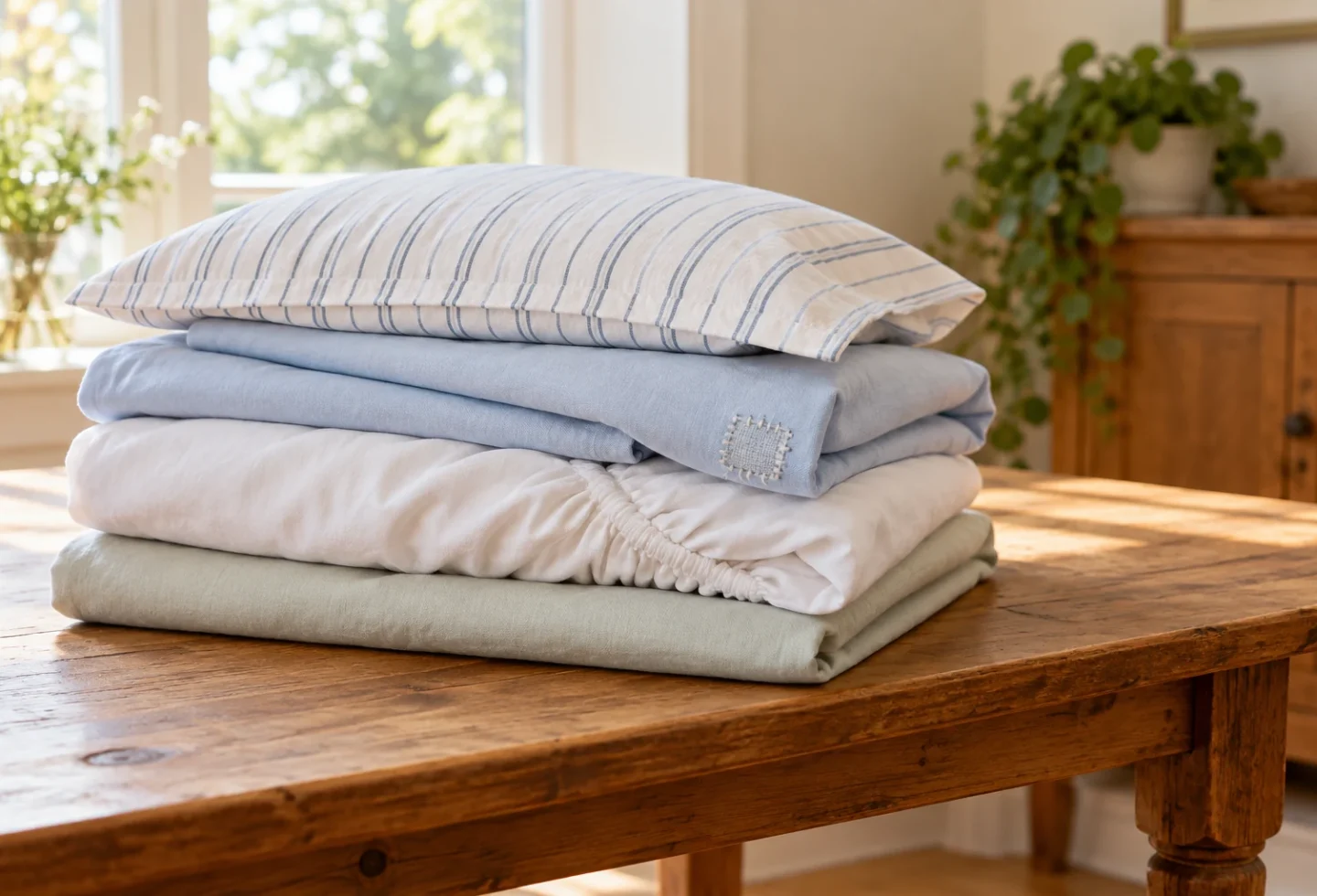 Clean folded bed sheets and a pillowcase resting on a wooden table, including a small stitched repair