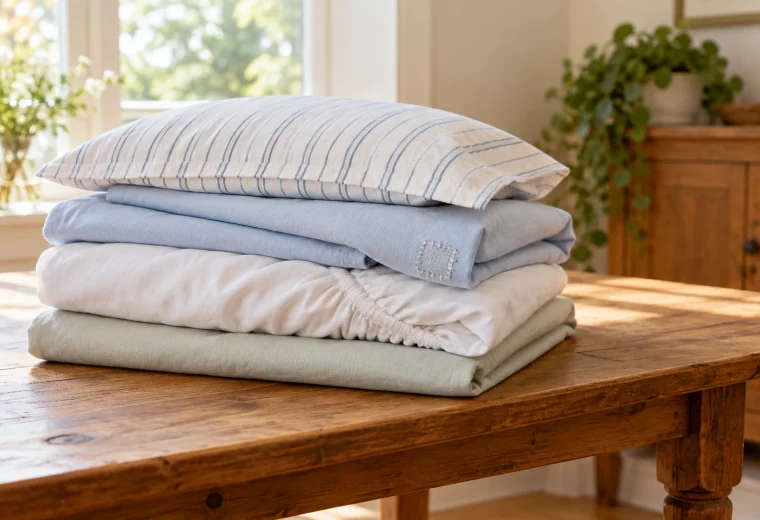 Clean folded bed sheets and a pillowcase resting on a wooden table, including a small stitched repair