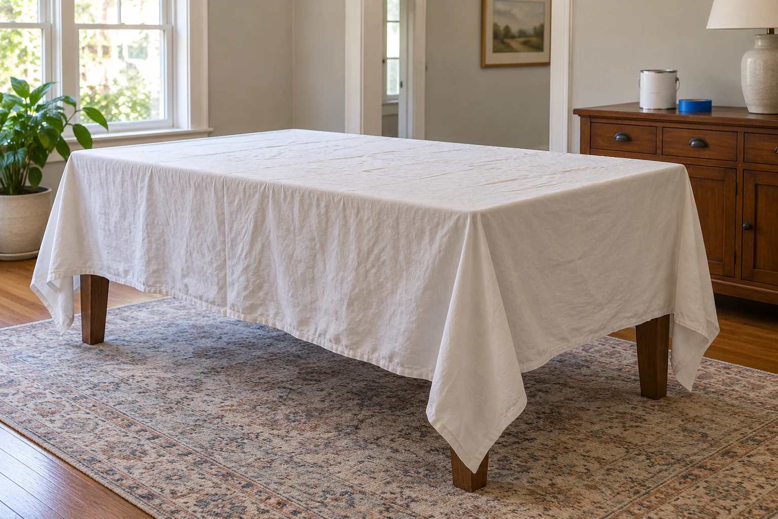 Clean old cotton flat sheet resting over a supported wooden table as a temporary dust cover