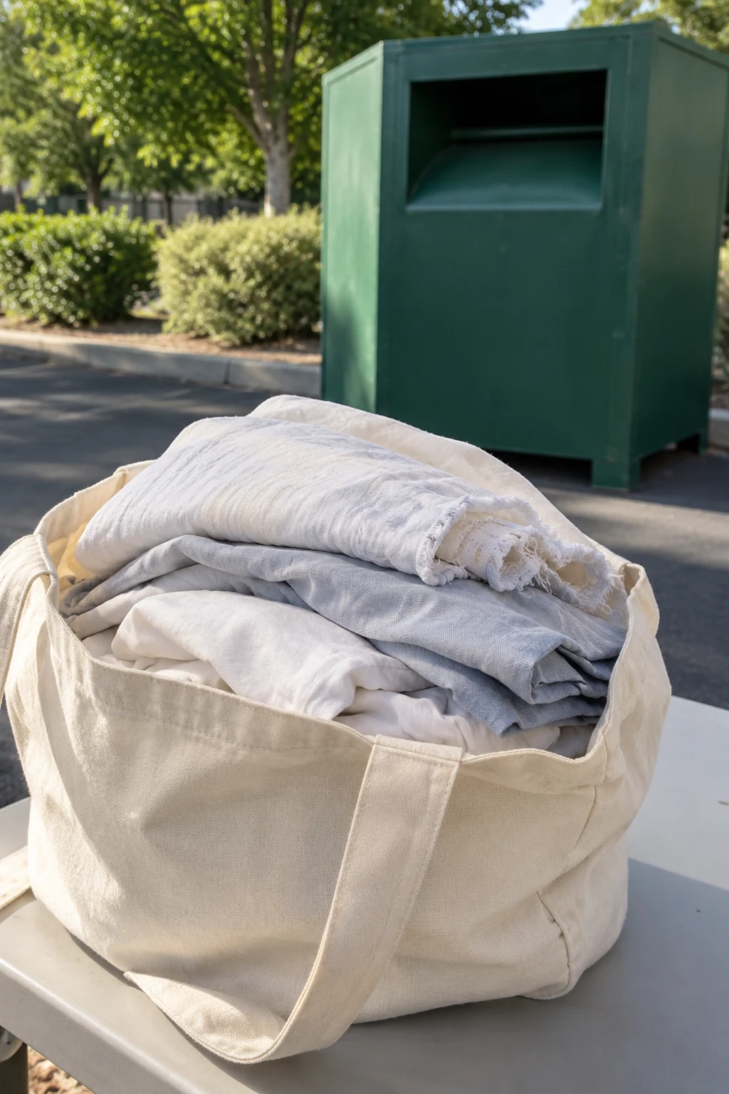 Clean dry worn cotton sheets in a reusable tote near a textile collection container