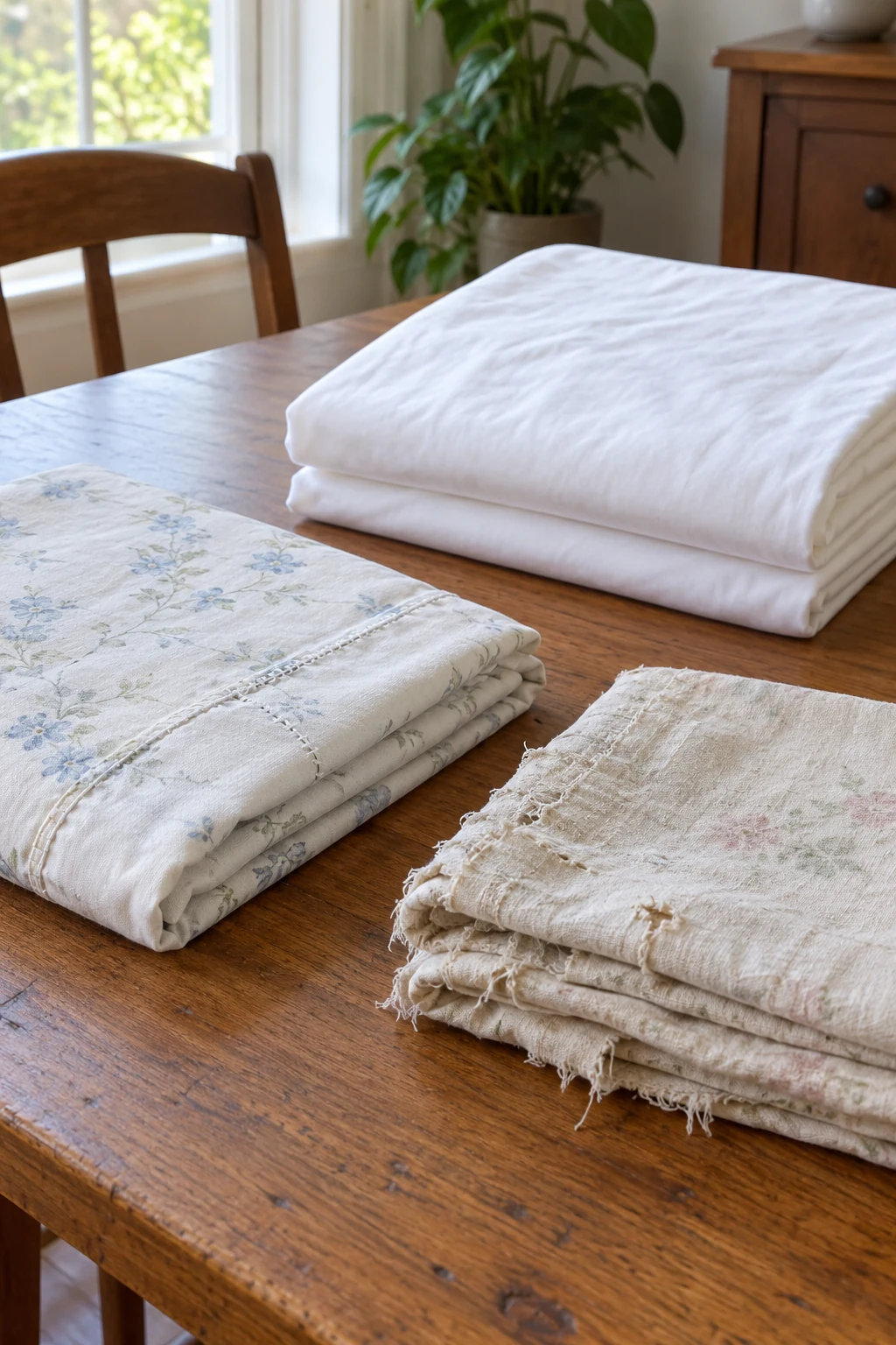 Three old bed sheets sorted on a table by repaired, clean usable and worn condition
