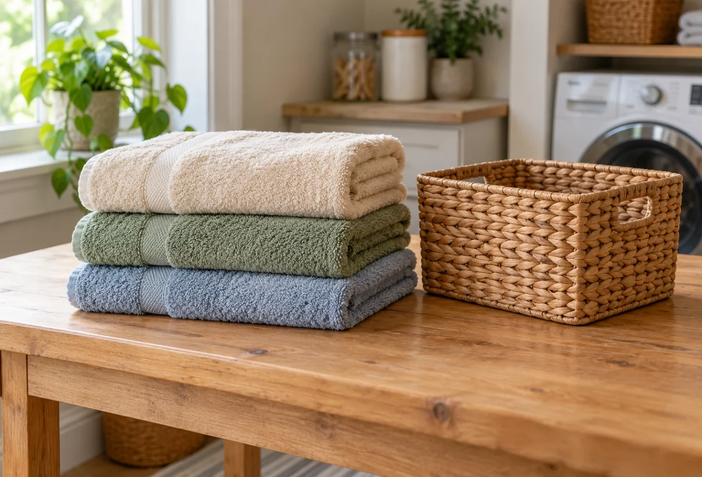 Clean old cotton towels and a small basket resting on a sturdy laundry table