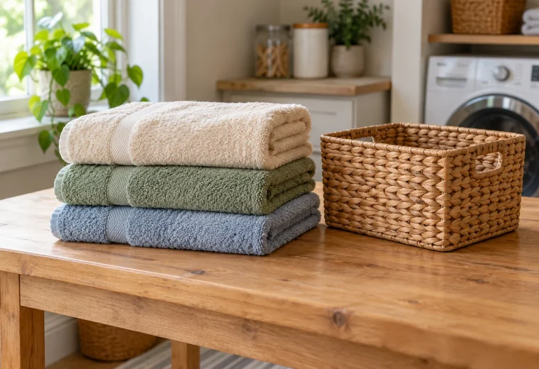 Clean old cotton towels and a small basket resting on a sturdy laundry table