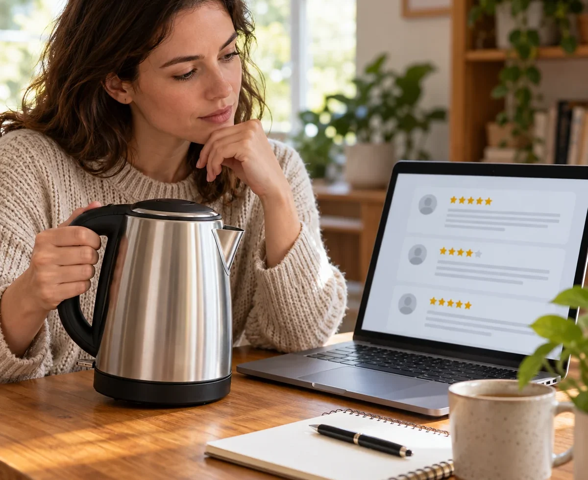 Shopper comparing reviews of a kettle before making a purchase