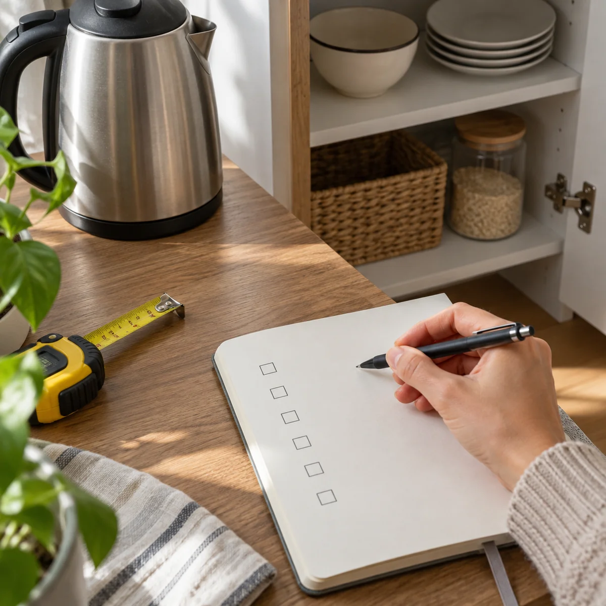 A shopper notes product requirements beside a kettle and measuring tape