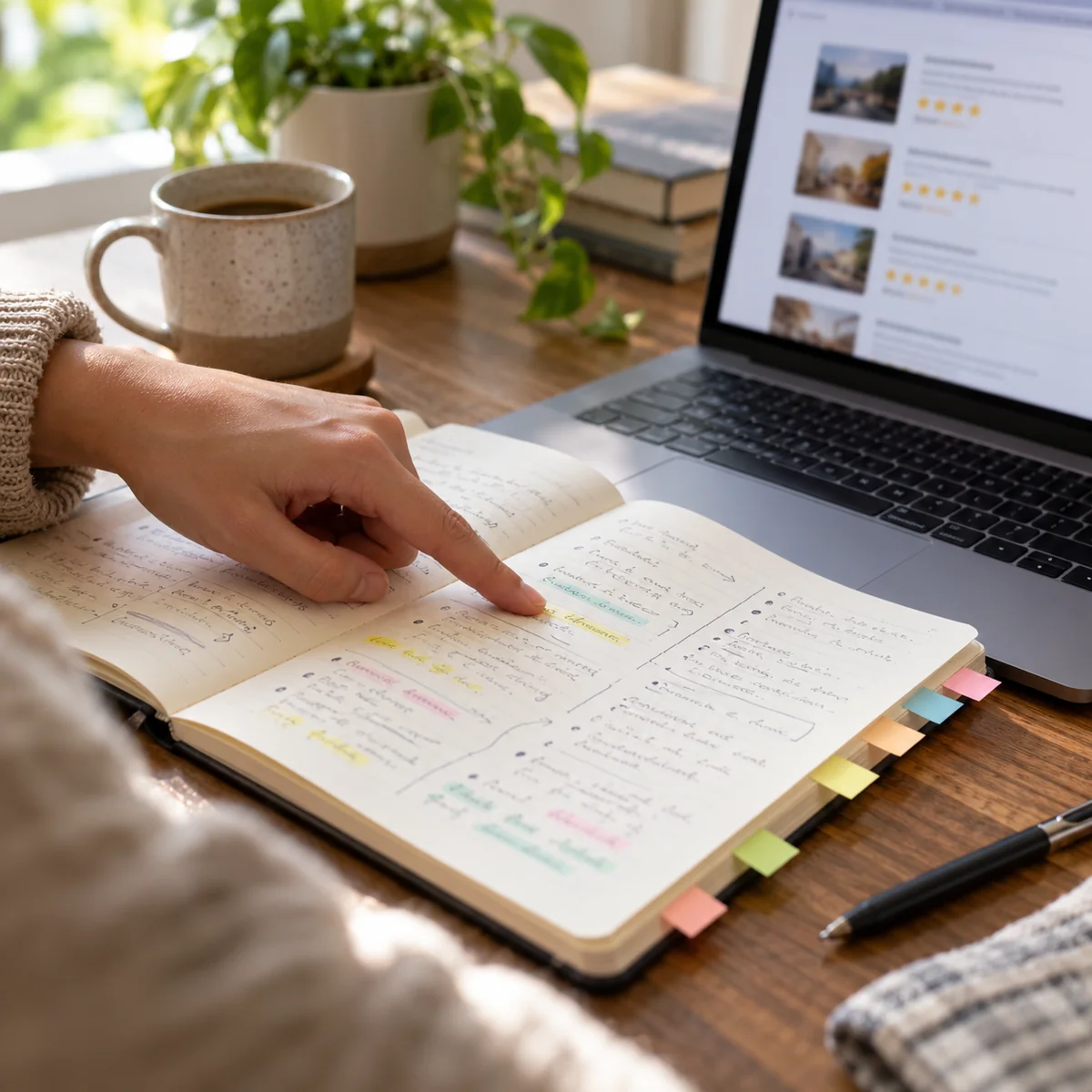 Shopper comparing notes from multiple product reviews