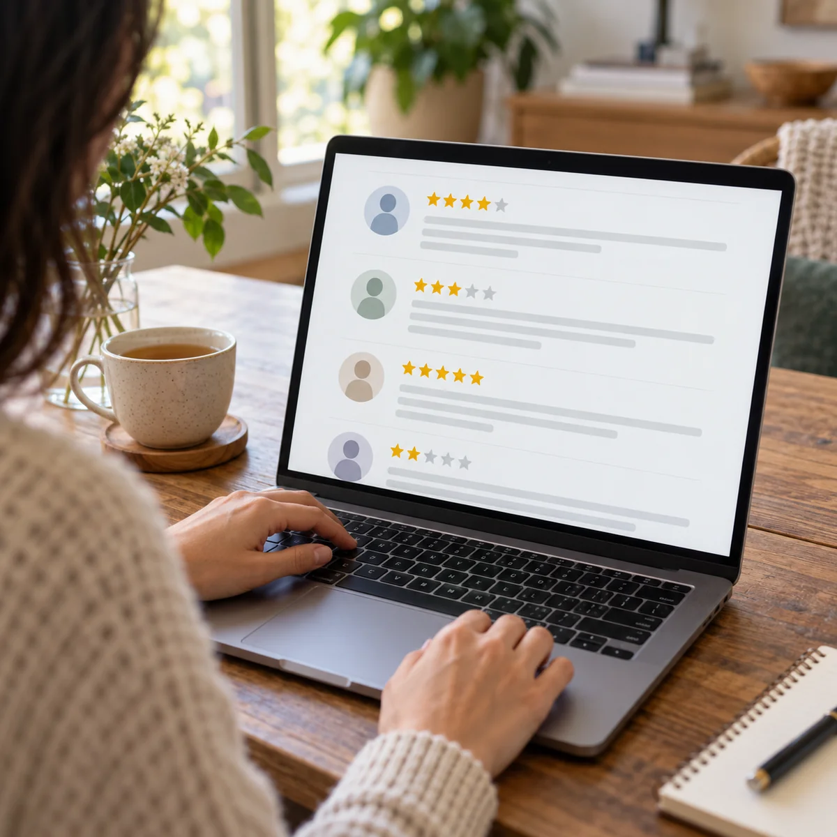 Shopper comparing product details and reviews on a laptop