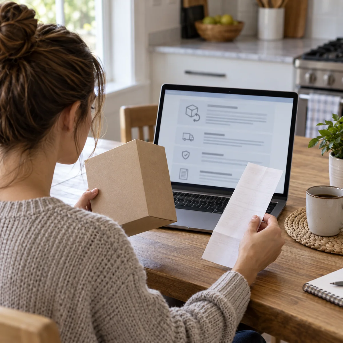 Shopper checking a product box, receipt, and return terms